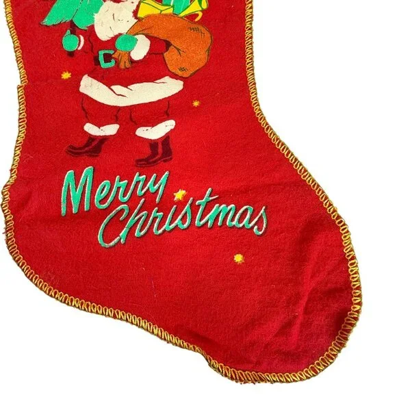 Vintage 1950s Felt Red Christmas Stocking Merry Christmas Santa Claus Felt 17” - Picture 4 of 7